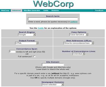 Original Webcorp user interface