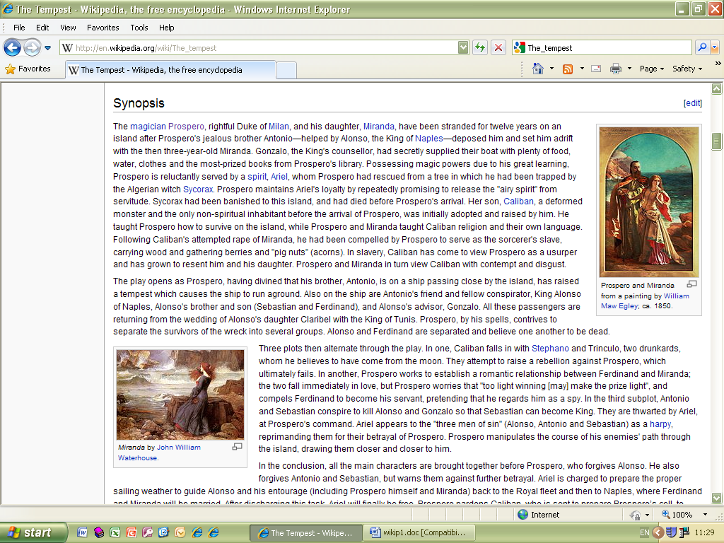Screenshot of the plot summary in the Wikipedia article for
                                 The Tempest . 