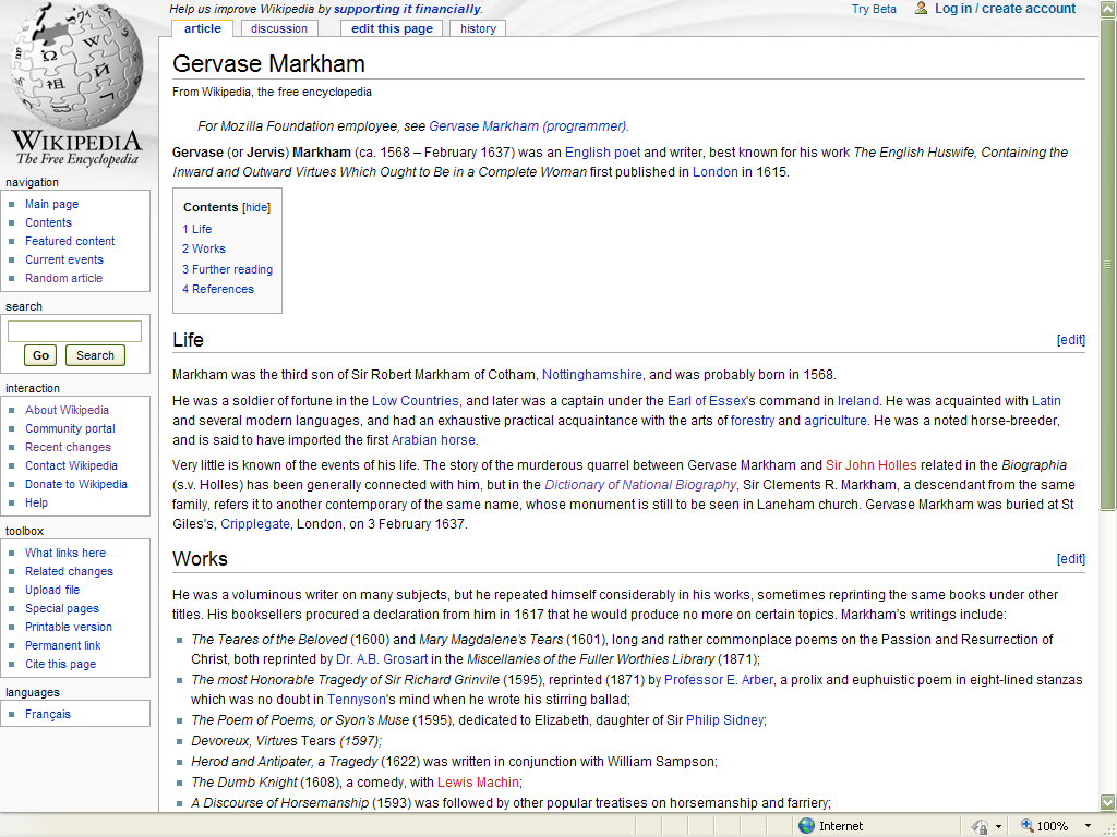 Wikipedia article for "Gervase Markham" 