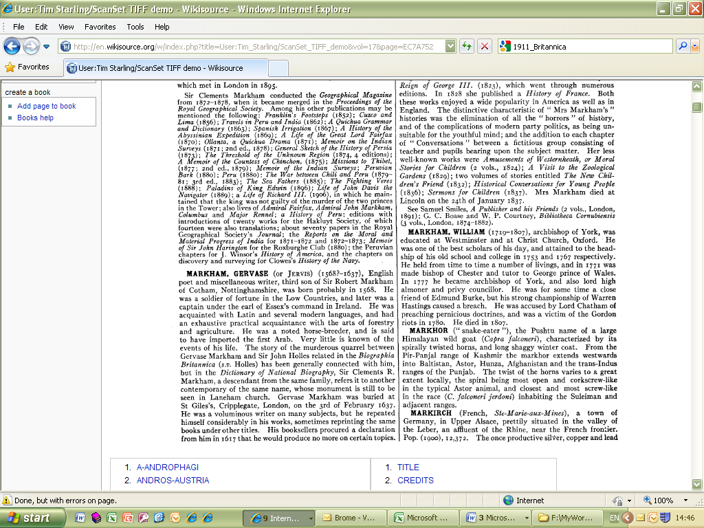 Page image of the first part of the 1911 Britannica article on Gervase Markham (Wikisource). 