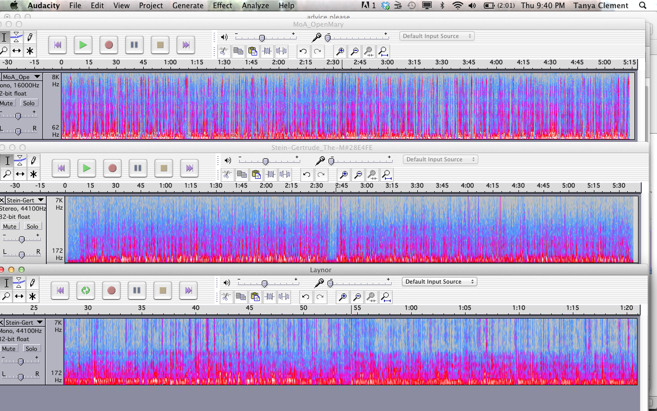 Spectogram created with Audacity of three readings (by OpenMary, Gertrude Stein, and Gregory Laynor) from Gertrude Stein's 
                     The Making of Americans