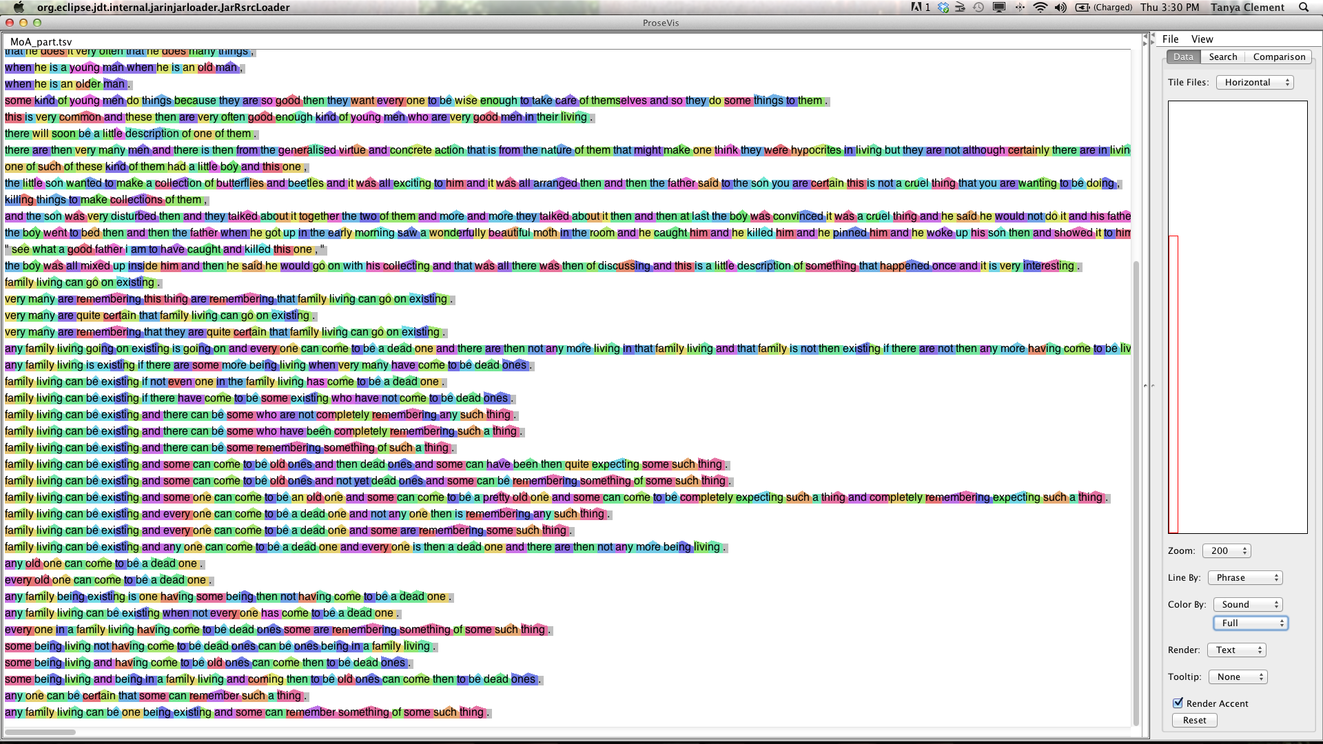 The Making of Americans excerpt in ProseVis showing full sounds and accent data.