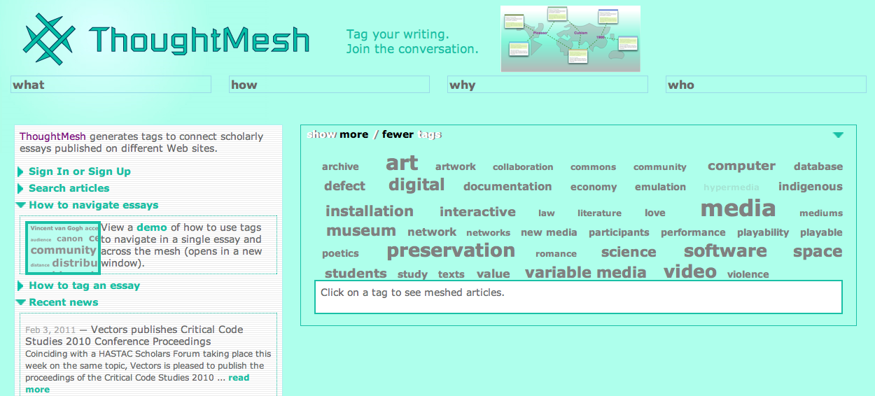 A screenshot of ThoughtMesh (at http://thoughtmesh.net/). Credit: Jon Ippolito, Craig Dietrich, John Bell, Chirag Mehta, and Vectors Journal.