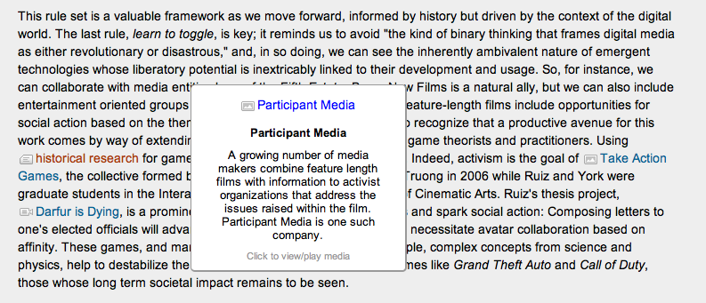 A screenshot showing layering in Scalar of Filmic Texts and the Rise of the Fifth Estate (at http://scalar.usc.edu/anvc/kuhn/). Credit: Virginia Kuhn.