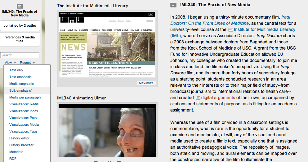 A screenshot of Filmic Texts and the Rise of the Fifth Estate (at http://scalar.usc.edu/anvc/kuhn/). Credit: Virginia Kuhn.