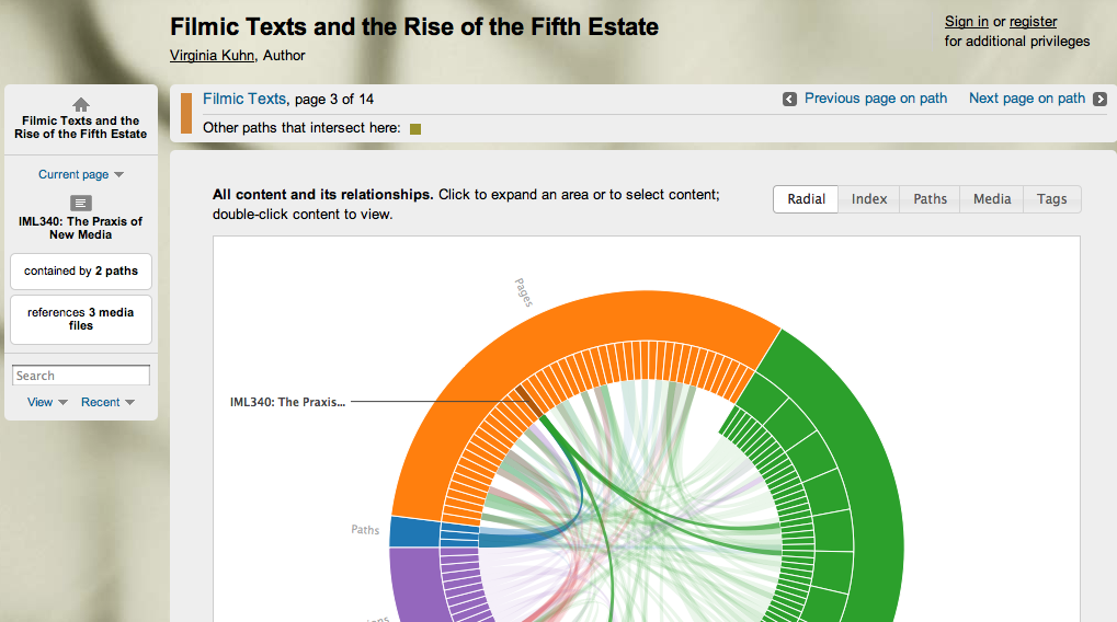 A screenshot of Filmic Texts and the Rise of the Fifth Estate (at http://scalar.usc.edu/anvc/kuhn/) in Visualization: Radial view. Credit: Virginia Kuhn.