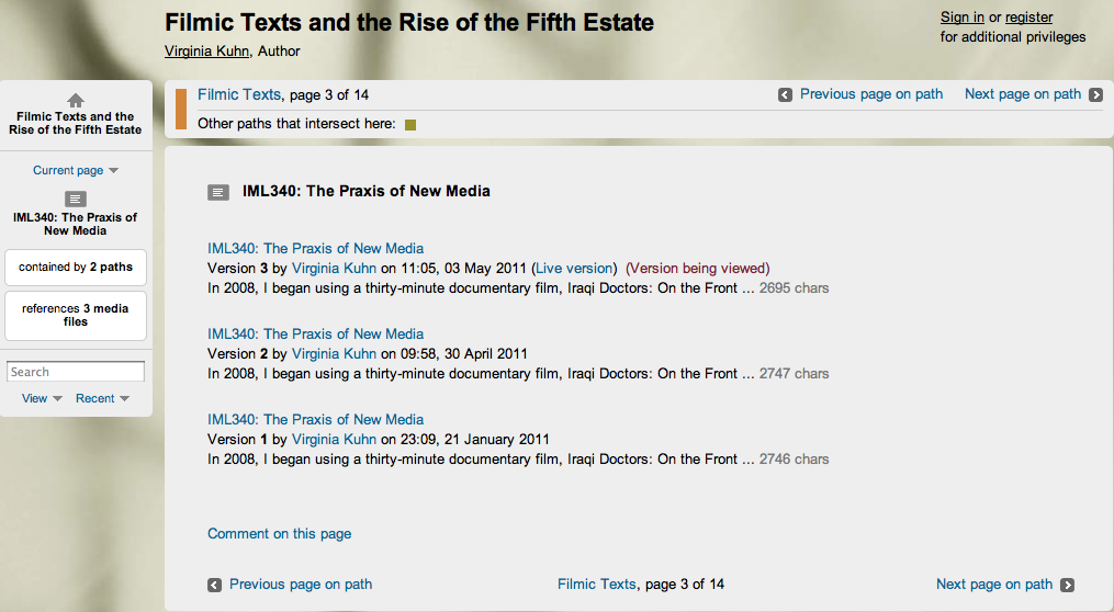 A screenshot of Filmic Texts and the Rise of the Fifth Estate (at http://scalar.usc.edu/anvc/kuhn/) in History Editor view. Credit: Virginia Kuhn.