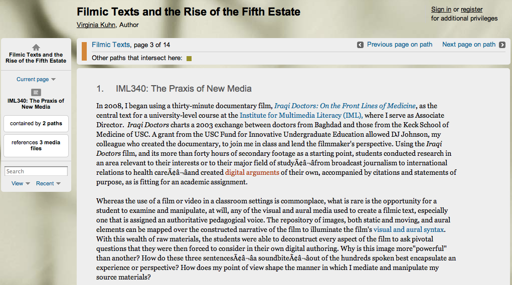 A screenshot of Filmic Texts and the Rise of the Fifth Estate (at http://scalar.usc.edu/anvc/kuhn/) in History Browser view. Credit: Virginia Kuhn.