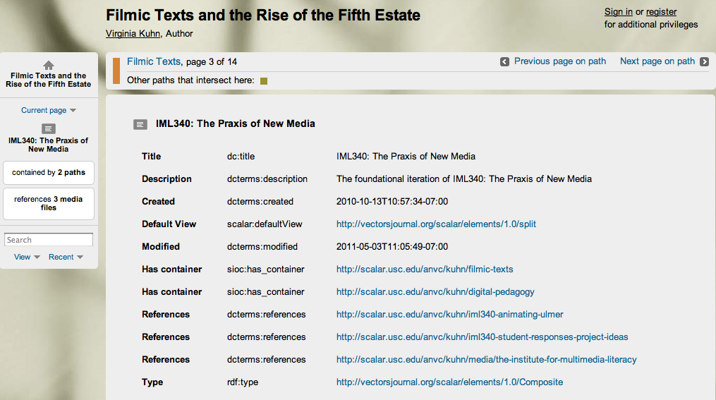 A screenshot of Filmic Texts and the Rise of the Fifth Estate (at http://scalar.usc.edu/anvc/kuhn/) in Metadata view. Credit: Virginia Kuhn.