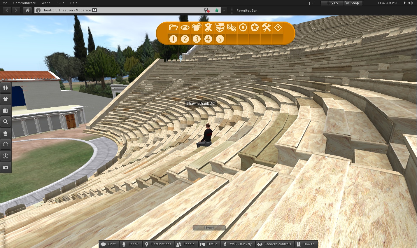 Theatron3’s Theatre of Dionysos in Second Life. The heads up display (HUD) offers numbered data points containing information about the model.