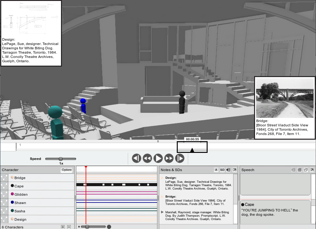 Our reconstruction of the 1984 performance of White Biting Dog, showing excerpts from Sue LePage’s design sketches in the Stage View, excerpts from Raymond Marshall’s prompt script in the speech pane of the Text View, a photograph of the Bloor St. bridge in 1984, and citations for all sources in the annotations windows and in the annotations pane of the Text View.