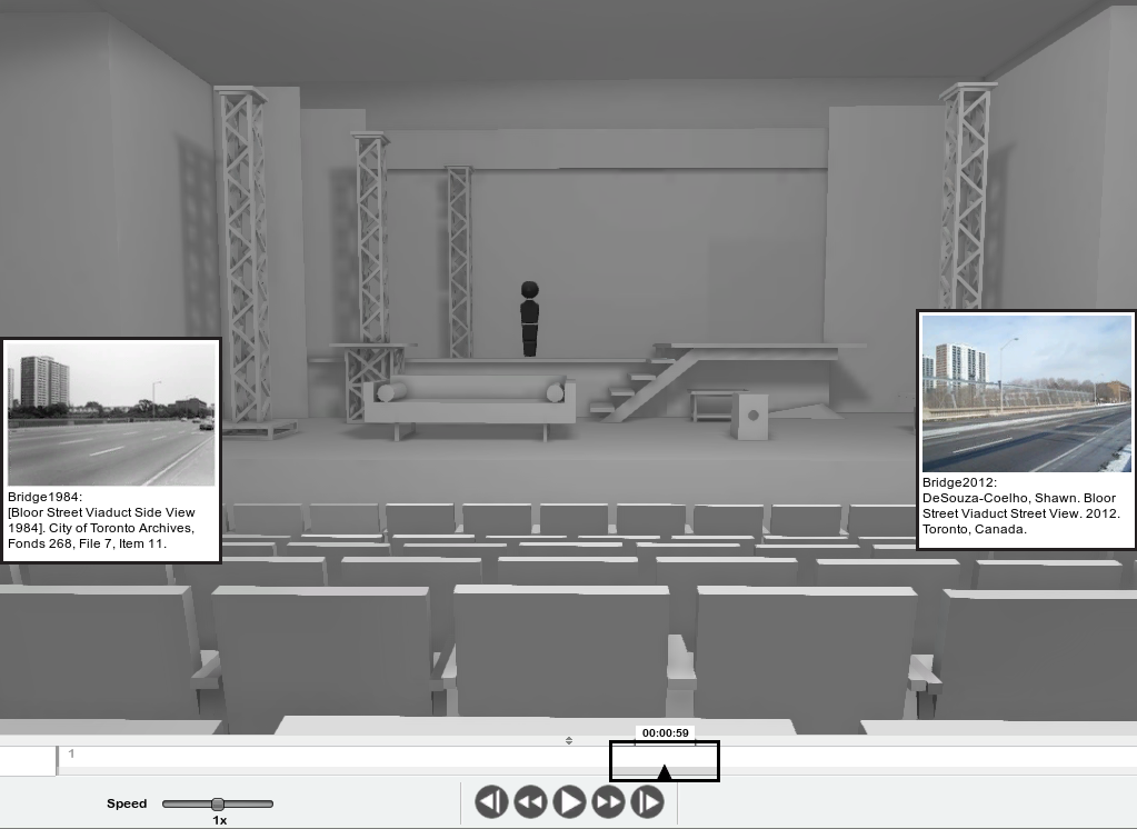 A visualisation of the lived experience of a hypothetical 2011 audience member who remembered the Bloor Street bridges of 1984 and 2011.