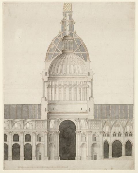 Christopher Wren. 1662. Scale Drawing of pre-Fire St. Paul's Showing Proposed Dome. Image courtesy of Warden and Fellows, All Souls College, Oxford.