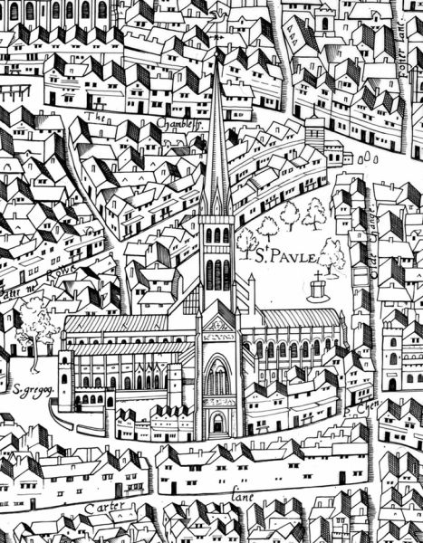St. Paul's Cathedral. 1550(?). Detail from the Copperplate Map. Image courtesy of the Museum of London.