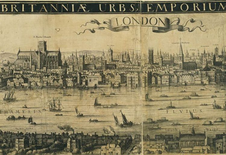 Claes Jansz Visscher. Detail from View of London, Panoramic View. Ca. 1625. Engraving. Image courtesy of the Museum of London.