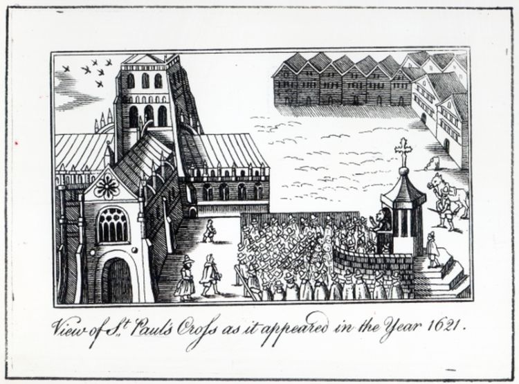 View of St. Paul's Cross as it appeared in the year 1621. Woodcut. Image courtesy of Bridgeman Art Library.