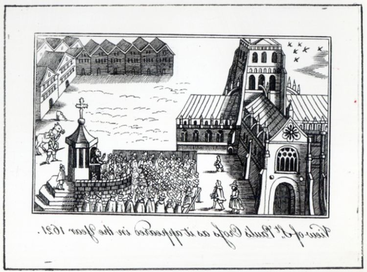 View of St. Paul's Cross as it appeared in the year 1621. Reversed image by the author. Woodcut. Image courtesy of the Bridgeman Art Library.