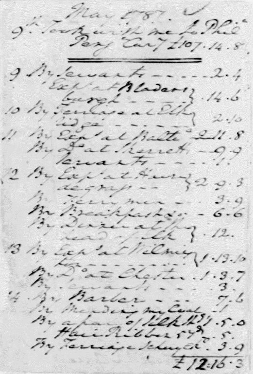 Page from George Washington, May 9, 1787, Daily Expenses, Library of Congress, Manuscript Division.