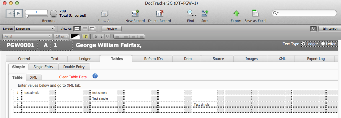 View of the Simple table interface in DocTracker.
