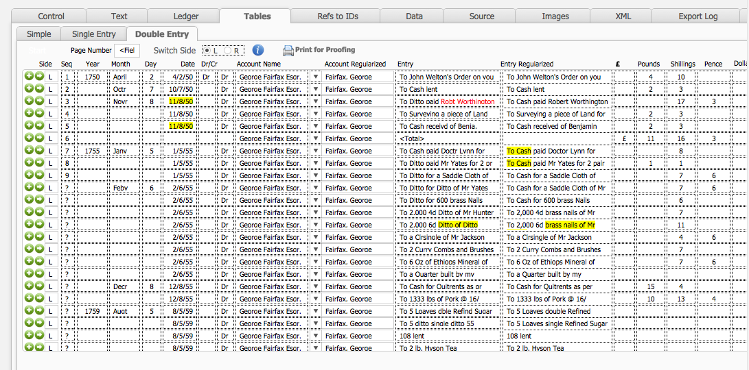 Double entry table displaying the debit/left side of a ledger in DocTracker.