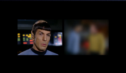 In Addictive TV's 2002 video remix, the Enterprise crew members
 lose the picture and are frozen in a state
of expectation as they await Captain Kirk's return. (Still-frame
image from Beam Up The Bass used with
permission of Addictive TV.)