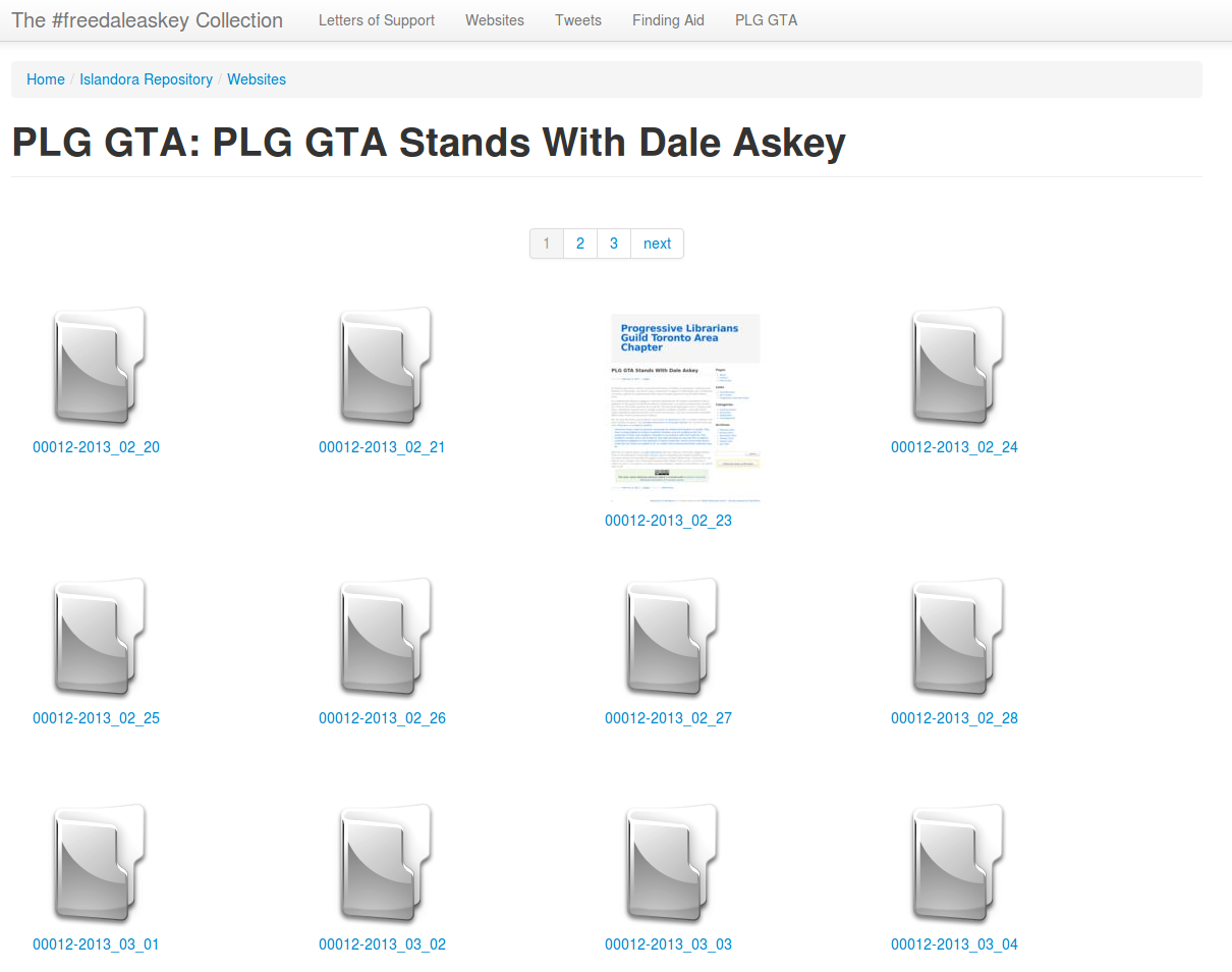 Individual crawls of web page PLG GTA stands
            with Dale Askey. Note date of crawl is part
        of file name.