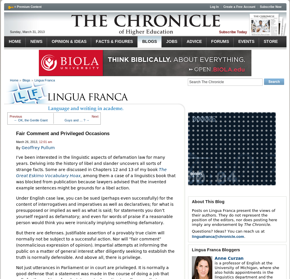 Example of a captured blog post by Geoffrey Pullum in
            Linga Franca of The Chronicle of
        Higher Education. Note that some elements, such as the flash
        advertising on the right does not render
        correctly.