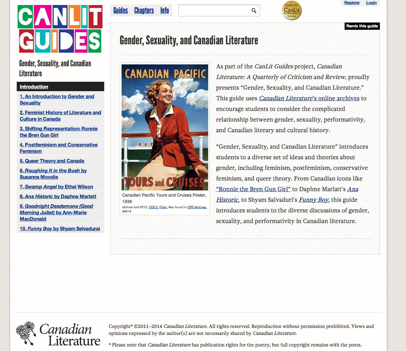 Screen capture of the opening page of the guide "Gender,
    Sexuality, and Canadian Literature" (http://canlitguides.ca/guides/gender).