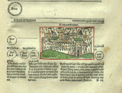  Hand-coloured woodcut of the Burning of Troy with misprinted
caption from Werner Rolevinck, fasciculus
    temporum (Strasbourg, 1490). Image Courtesy of the
Thomas Fisher Rare Book Library.