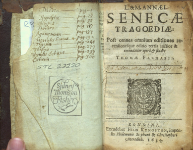  MS Index and titlepage to Seneca's Tragedies (London, 1634). STC 22220. Image Courtesy of
the Thomas Fisher Rare Book Library.