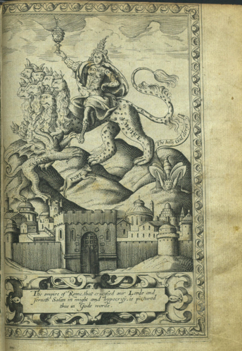 Engraving of the whore of Babylon from Hugh Broughton's A concent of scripture (London, 1590). Image
courtesy of Thomas Fisher Rare Book Library.