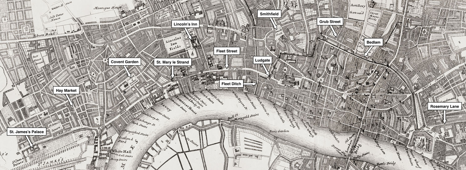 The topography of the all the Grubstreet race (Book I, l. 42) in the Dunciad Variorum (1729) shown overlaying A New Plan of the City of London, Westminster, and Southwark, in A Survey of the Cities of London and Westminster by John Strype (1720). Shown here, from left to right: St. James's Palace, Hay Market, Covent Garden, St. Mary le Strand Church, Lincoln's Inn, Fleet Street, Fleet Ditch, Ludgate, West Smithfield, Grub Street, Bethlehem Hospital (Bedlam), and Rosemary Lane. Courtesy of Special Collections, University of Saskatchewan Library.