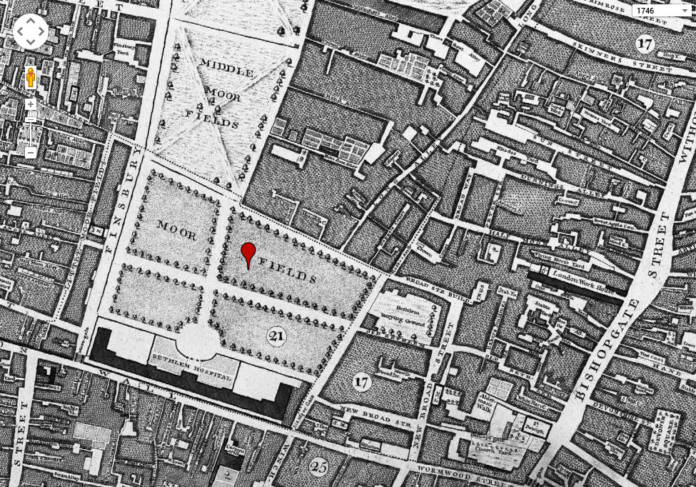 The corner of Sun Street, Long Alley, Moorfields, Locating London map (Rocque 1746).