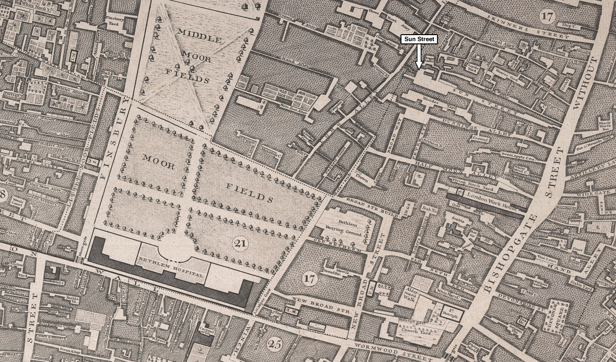 The corner of Sun Street, Long Alley, Moorfields, in A Plan of the Cities of London and Westminster, and Borough of Southwark London: John Pine and John Tinney, 1746, by John Rocque. Courtesy of the Beinecke Rare Book and Manuscript Library, Yale University.