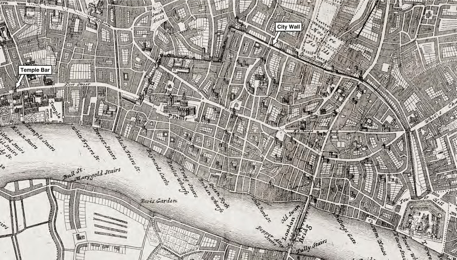 A clearly demarcated City Wall, from A New Plan of the City of London, Westminster, and Southwark, in A Survey of the Cities of London and Westminster by John Strype (1720). Courtesy of Special Collections, University of Saskatchewan Library.