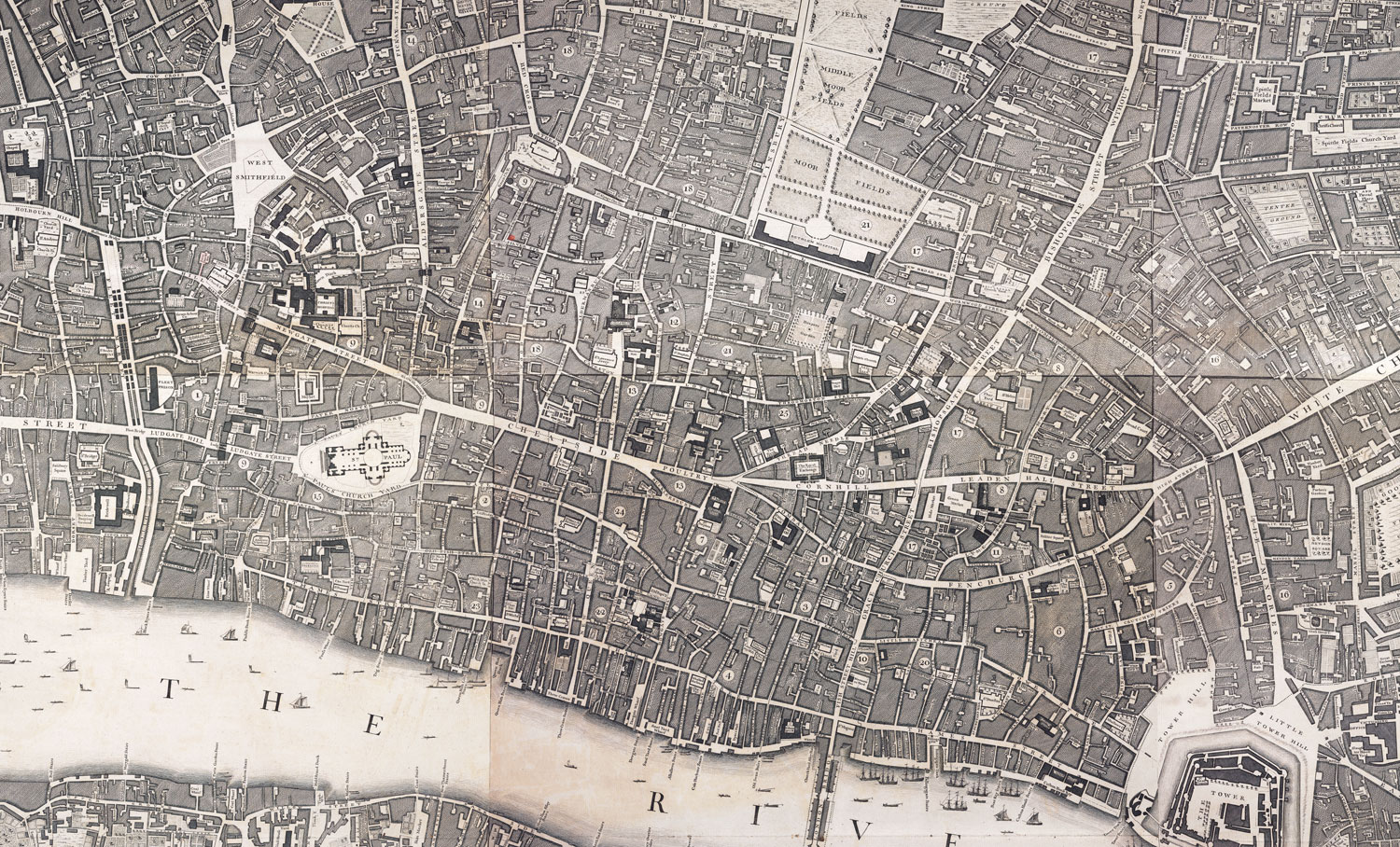 The City Wall now largely invisible, in John Rocque's A Plan of the Cities of London and Westminster, and Borough of Southwark London: John Pine and John Tinney, 1746. Courtesy of the Beinecke Rare Book and Manuscript Library, Yale University.