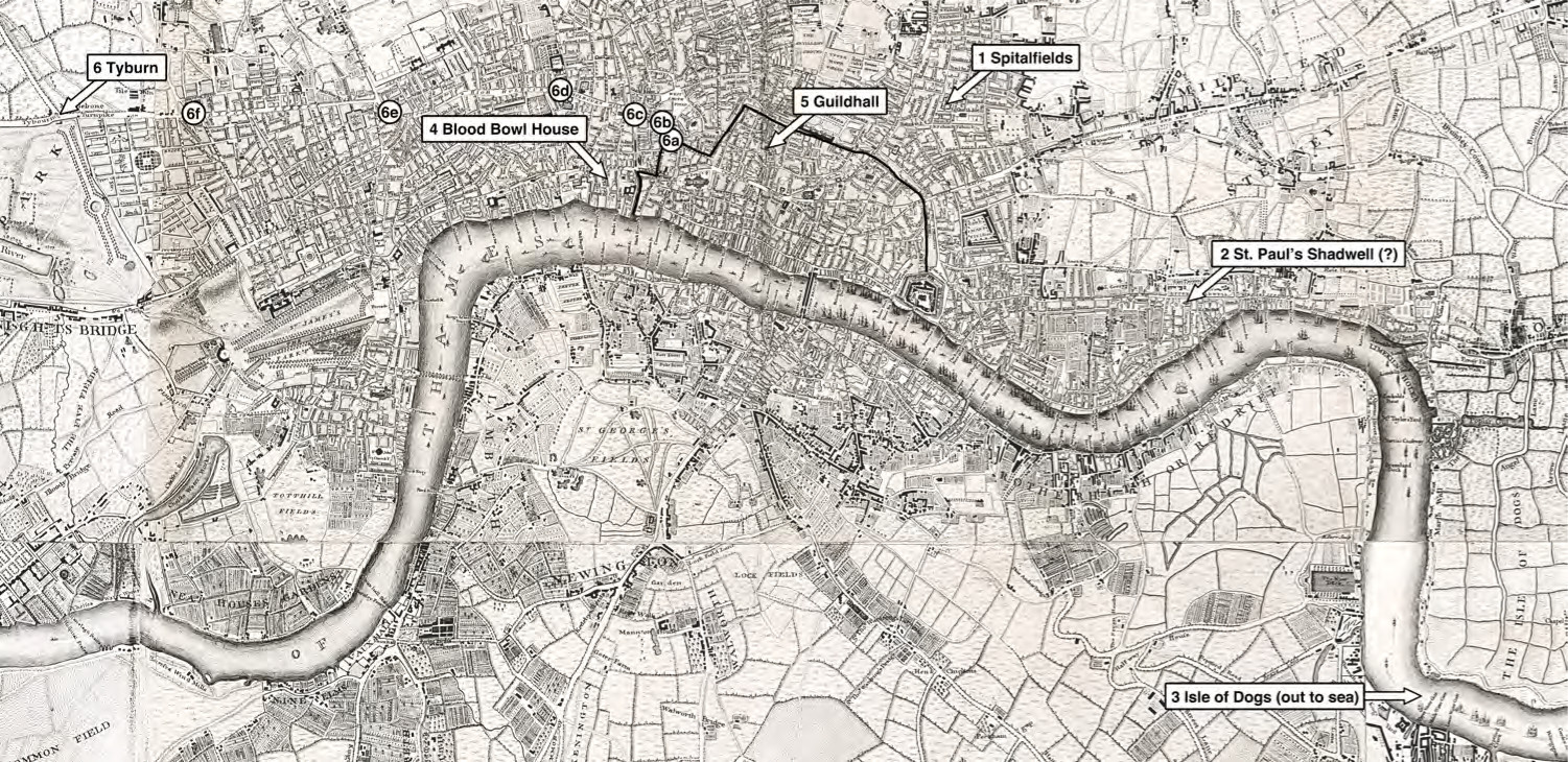 William Hogarth's chronotope of prosperity, showing the movements of Tom Idle overlaid on An Exact Survey of the City of London Westminister the Borough of Southwark and the Country Near Ten Miles Round Begun in 1741 and ended in 1745 (1746) by John Rocque. The lines of the City Wall shown here do not appear on the original map. 1. Plate 1: The Fellow 'Prentices at their Looms in Spitalfields; 2. Plate 3: The Idle 'Prentice at Play in the Church Yard During Divine Service, likely at St. Paul's Shadwell; 3. Plate 5: The Idle 'Prentice Turn'd Away, and Sent to Sea, at the Isle of Dogs near the pirate's gibbet; 4. Plate 9: The Idle 'Prentice Betray'd by his Whore & Taken in a Night Cellar with his Accomplice, at the Blood Bowl House in Hanging Sword Alley; 5. Plate 10: The Industrious 'Prentice Alderman of London, the Idle One Brought Before Him & Impeach'd by his Accomplice, in Guildhall; 6a. Newgate prison; 6b. St. Sepulcher: on the day of their hanging the condemned prisoners of Newgate were placed in a horse-drawn cart, often along with their own coffins, for their journey; the bells of St. Sepulcher tolled on execution days, and outside the church a nosegay was presented to each condemned criminal; 6c. Snow Hill and Holborn Bridge: the procession then went down Snow Hill, and across Fleet Ditch via Holborn Bridge; 6d: Holborn Street: from thence they proceeded along Holborn Street; 6e. past St. Giles, where prisoners had historically stopped to drink their last bowl of ale; 6f. along Tyburn Road; 6. Plate 11: The Idle 'Prentice Executed at Tyburn.