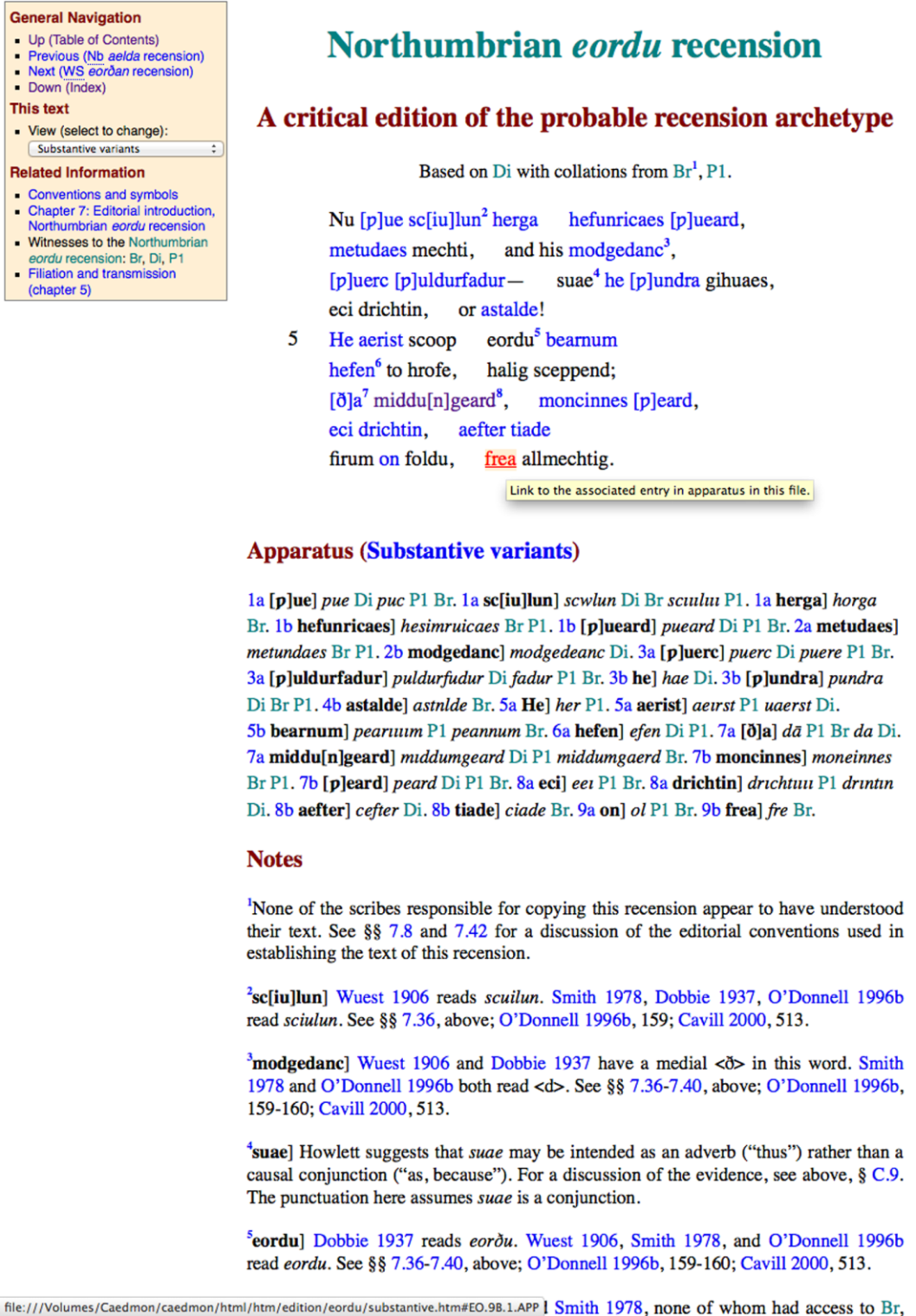 Electronic interface of Cædmon's hymn. Reproduced
        courtesy of Daniel Paul O'Donnell.