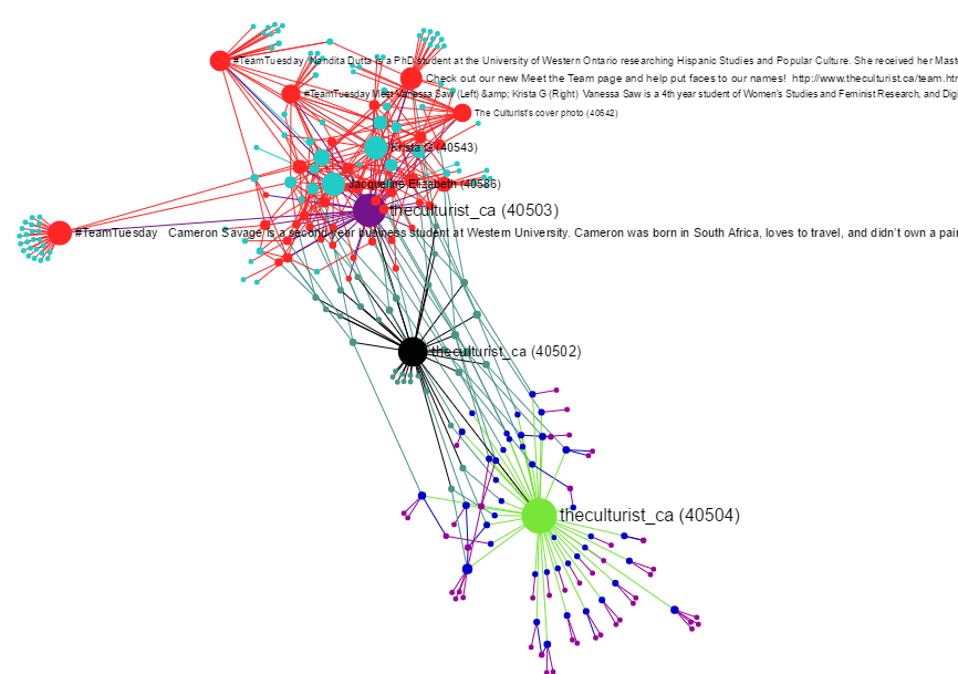 Alternative graph layout displaying multiple media platforms
associated with The Culturist – the website, the Twitter page, the
Facebook page – as well as individual posts with large number of
edges or connections related to these platforms. 